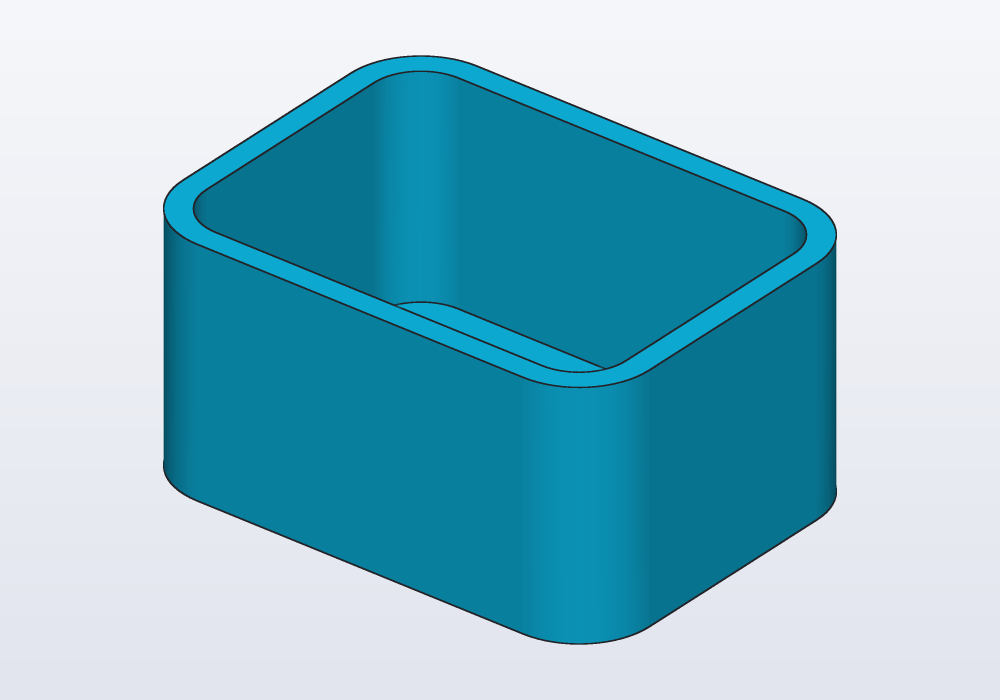 A box open on top, its edges rounded before the shell