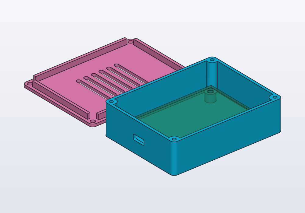 The base with the board on its standoffs and a USB opening, and the lid with vent slots