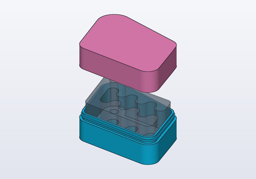 A case with upright walls round Carlo, its lid lifted