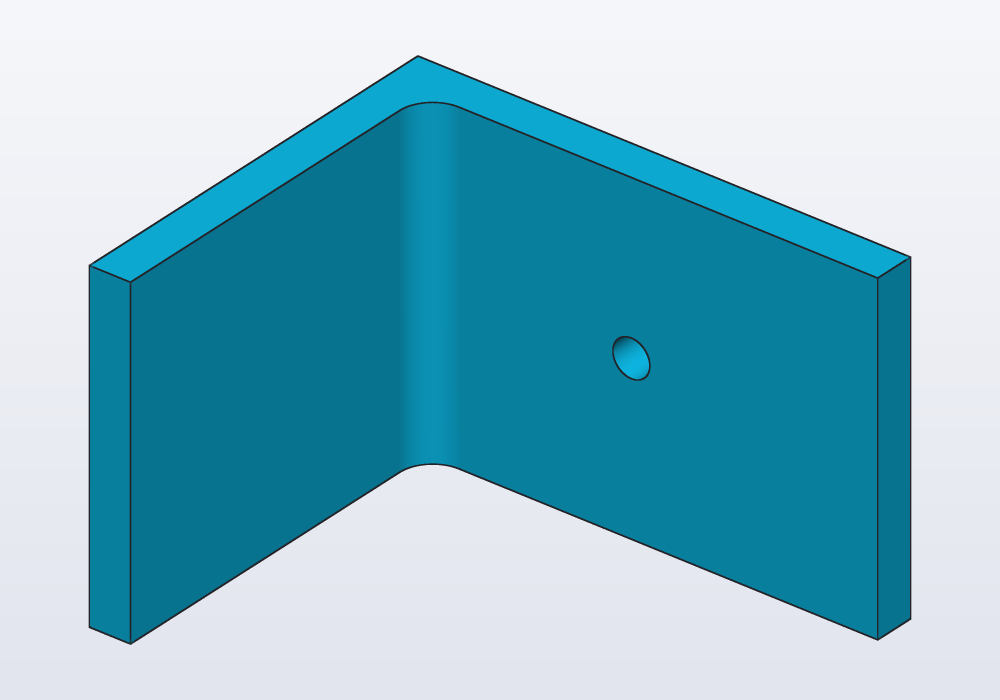 A shelf bracket on its side, rounded in its inner corner, a screw hole in the face against the wall