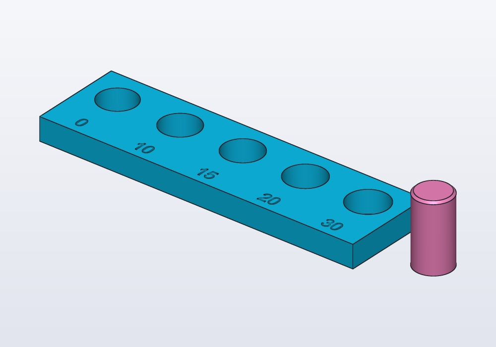 A test bar with five holes of growing play, and its pin