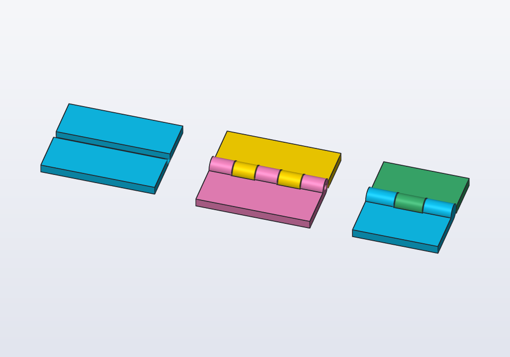 A living hinge, a hinge on a pin and a snap hinge