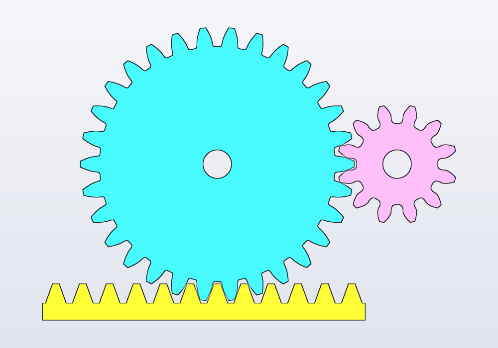 A wheel, a pinion and a rack in mesh