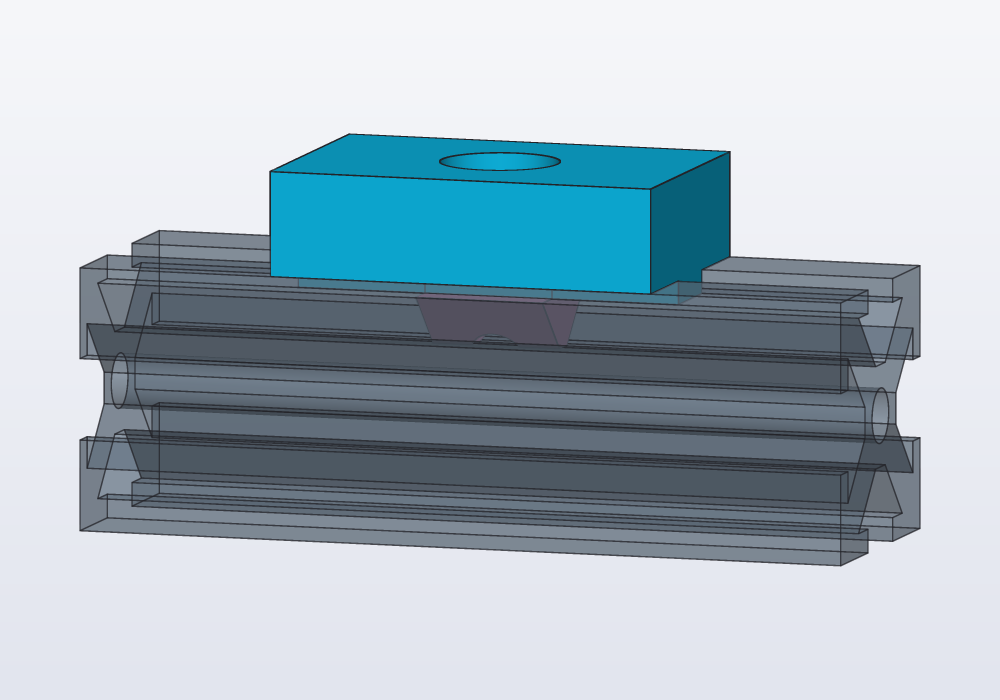 A printed bracket on a 2020 extrusion, its key in the slot and a T-nut under it