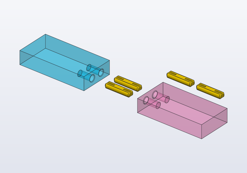 A bar cut in two, two split dowels between the pieces, and the same dowels lying flat