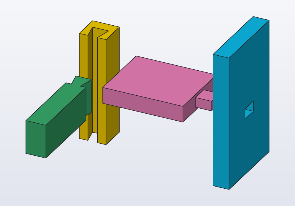 A shelf with a through tenon into an upright, a rail with a sliding dovetail into a post