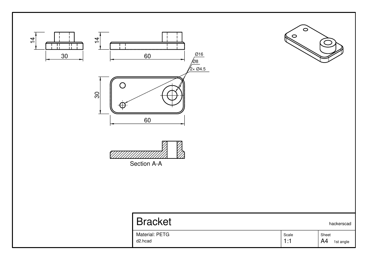 The bracket's sheet: front, side, top with hole callouts, iso, section A-A