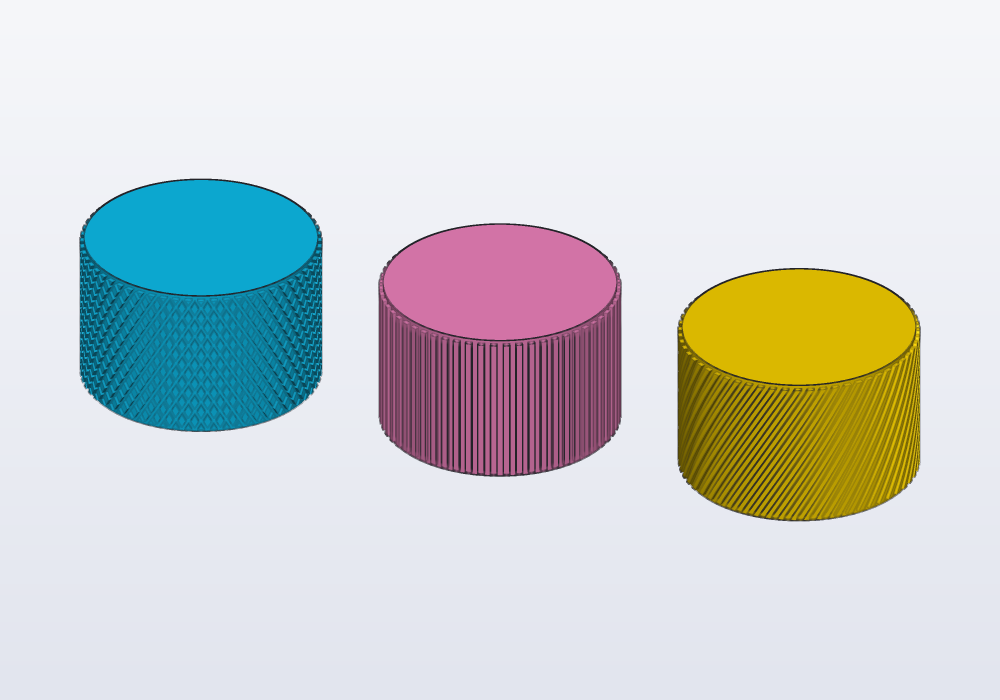 Three knobs with diamond, straight and diagonal knurling