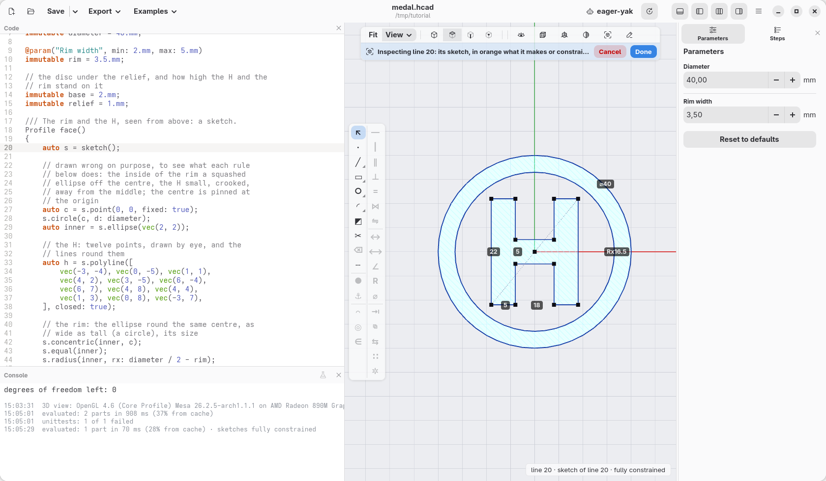 The sketch, fully constrained