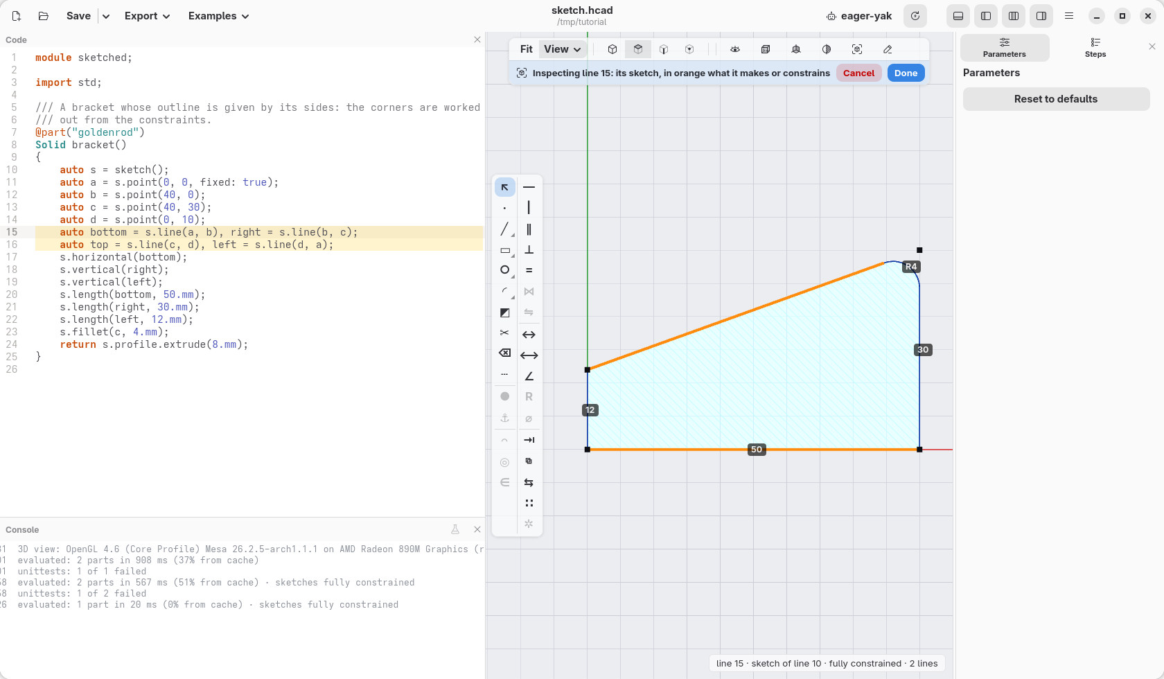 Two lines of the bracket selected: the tools that fit them light up